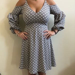 Gray and White Polkadot Dress - S - Off Shoulder